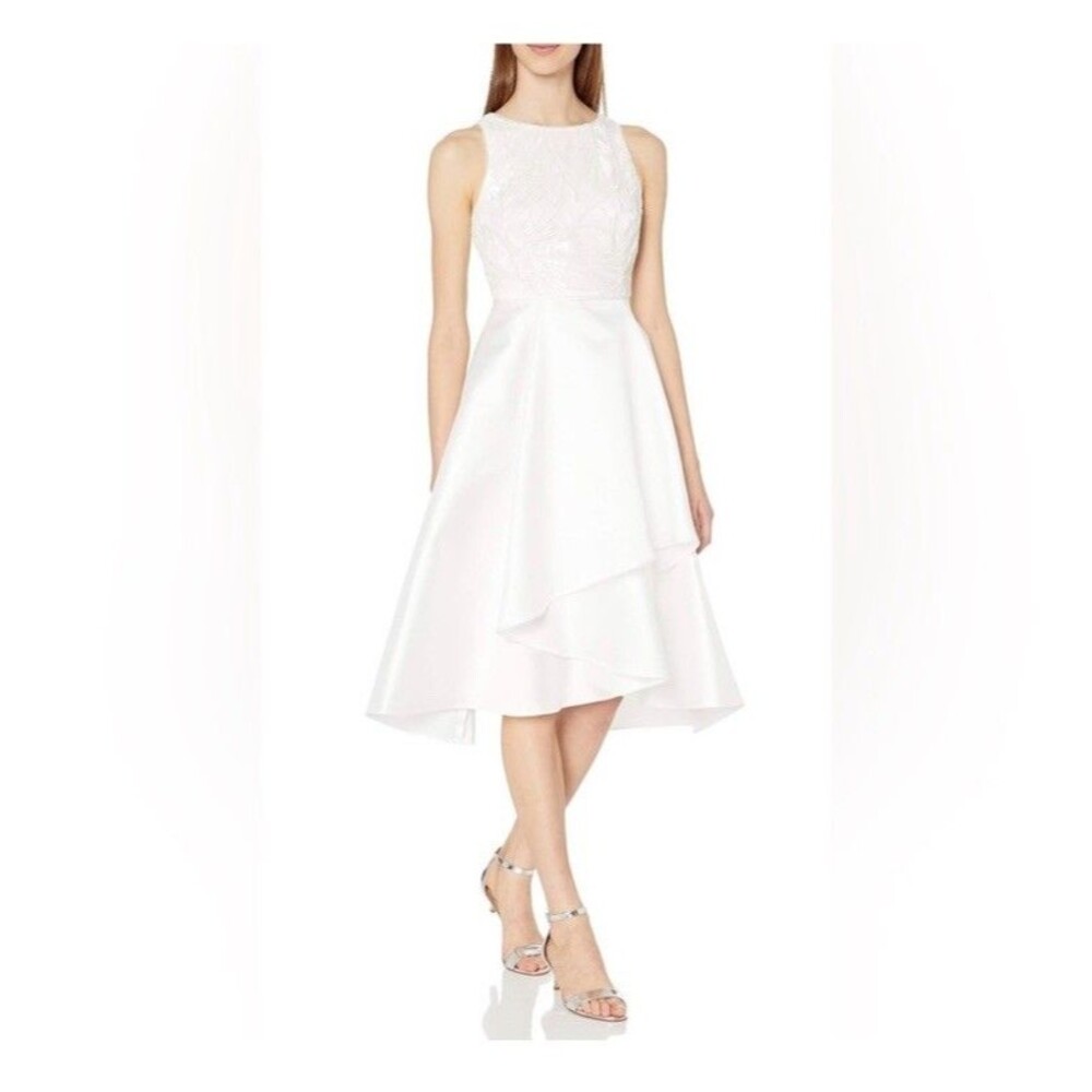Adrianna Papell Womens Sequin & Mikado Hi-Low Dress White Wedding Prom Size 8